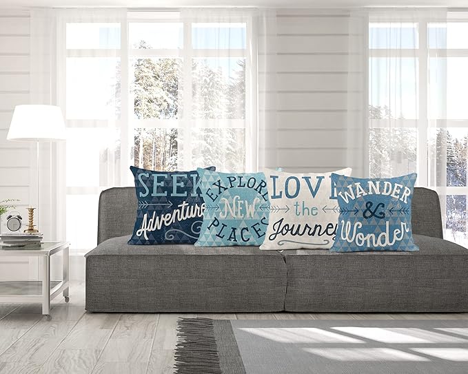 Set of 4 Linen Throw Pillow Cover Seek Adventure Explore New Places Wander Wonder Love Journey Decorative Pillow Cases Covers Home Decor Square 18 x 18 Inches Pillowcases