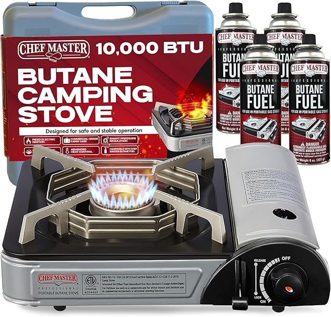 Chef-Master 90011 Butane Countertop Stove, 10 000 BTU Portable with Carry Case, High Performance, Piezo Ignition, Brass Burner, Safety Stop