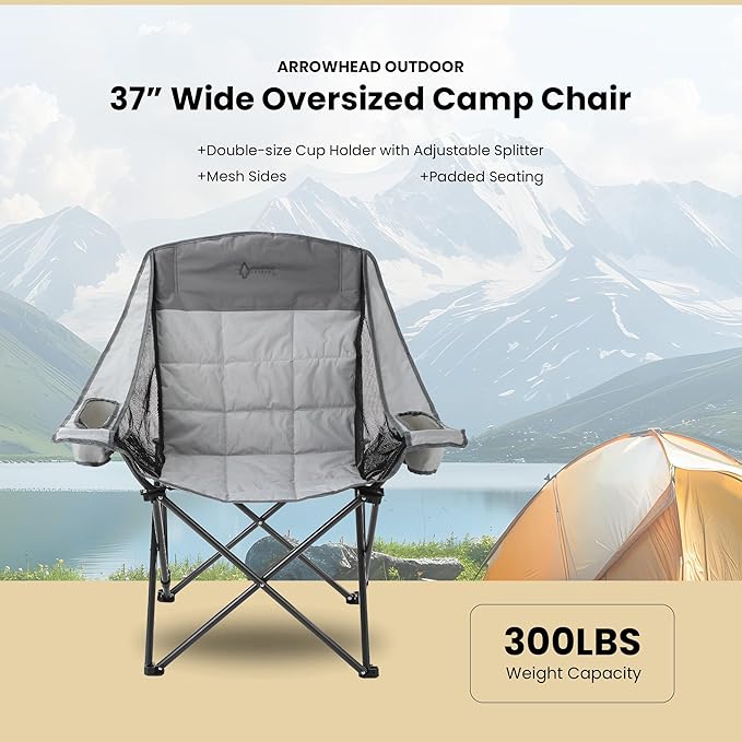 ARROWHEAD OUTDOOR 2-Pack Oversized Folding Camp Chair w/Adjustable Double Sized Cup Holder, Mesh Sides, Inner Pockets, Carry Bag, 300 LBS Weight Capacity
