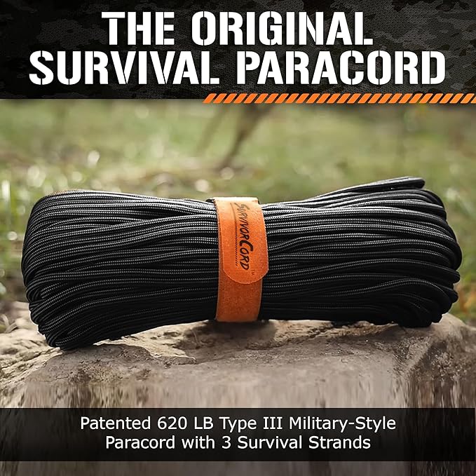 Titan Survival Patented Paracord 550-25ft, 100ft, 500ft & Color Options - 620LB Strength Survival Paracord Military Spec with 3 Strands - Heavy Duty Hank Cord for Camping & Outdoors with Firestarter
