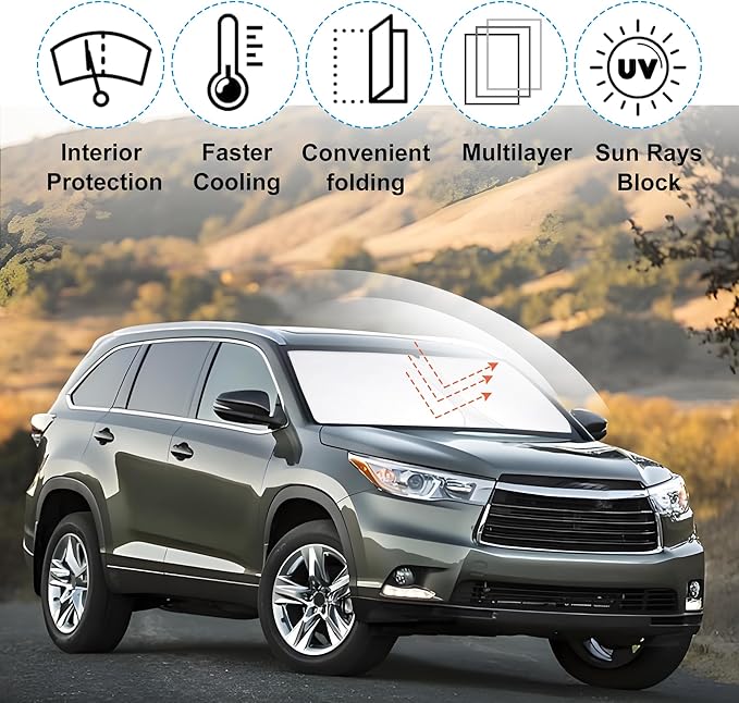Windshield Sun Shade Custom Fit 2014 2015 2016 2017 2018 2019 Toyota Highlander Accessories Foldable Sunshade Sun Blocker Front Window Shades Covers Keep Car Cooler