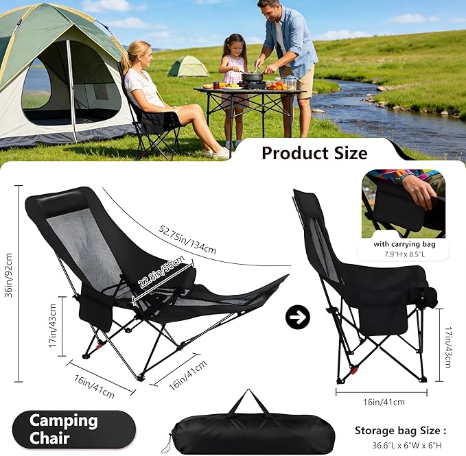 Black Reclining Camping Chair with Footrest, Portable Folding Lounge Chair, 4-Position Adjustable Folding Camping Chair with Headrest & Storage Bag for Outdoor Lawn, Hiking, Picnic, Fishing