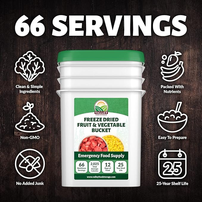 Valley Food Storage Freeze Dried Fruit & Vegetable Bucket | 12 Pouches Variety Pack | Non-GMO Premium Emergency Food Supply, 25 Year Shelf Life | Prepper Food Supplies for Camping & Long-Term Storage