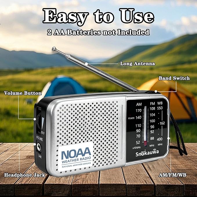 Portable AM FM Transistor Radio Battery Operated, NOAA Weather Radio with Loud Speaker, Headphone Jack, 2 AA Batteries, Excellent Reception, for Everyday Carry Essential, Travel, Storms