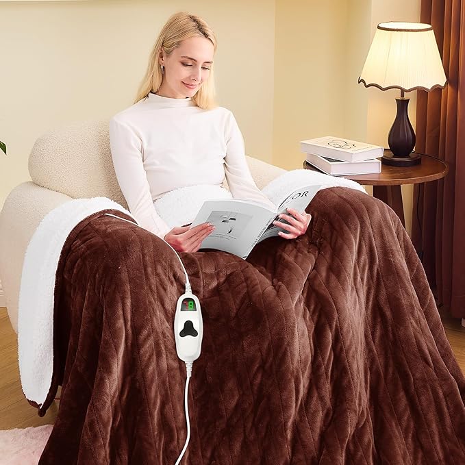 greenoak Heated Blanket Electric Full 72"X84", Heating Blankets with 10 Heat Levels 8 Hours Auto-Off, Soft Flannel Sherpa Fluffy House Warming Gifts for Grandma Seniors Mom,Mocha