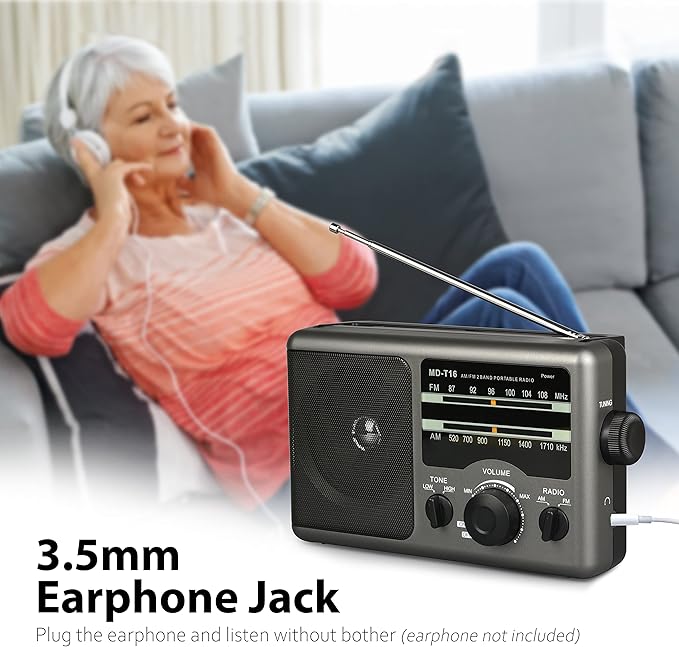 Greadio AM FM Portable Radio Transistor Radio with 3.5mm Earphone Jack, Hight/Low Tone Mode, Big Speaker, AC Power or Battery Operated by 4 D Cell Batteries for Home and Outdoor