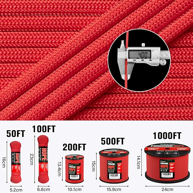 Paracord Rope 750 lb - 100ft 5/32" Parachute Cord 4MM 12-Strand para Cord - Heavy Duty Spool String for Survival,Camping Gear, Survival Bracelet, Clothesline - Red