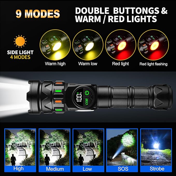 Rechargeable Flashlights High Lumens 5000 Long Distance, Super Bright LED Flash Lights with COB Sidelight USB C LCD Display, Daul Light Source & Buttons with Red Light, for Camping Hiking Emergency