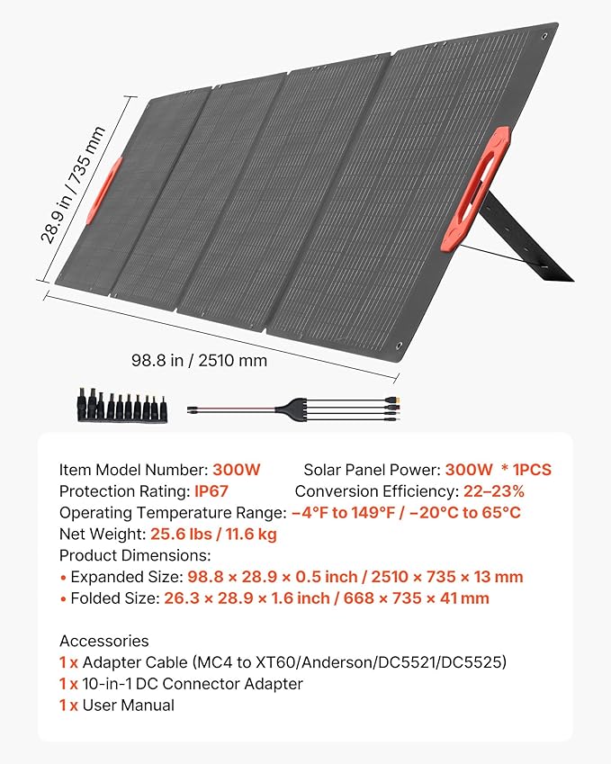 VEVOR 300W Foldable Monocrystalline Solar Panel, 23% High-Efficiency Portable Mono Solar Panel Charger with MC4 Output & 10-in-1 DC Adapters, IP67 Waterproof for Power Stations, Camping, Hiking Trips
