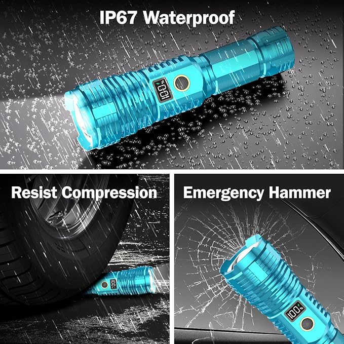 Flashlights High Lumens Rechargeable, 100,000LM LED Super Bright Flash Light, Zoomable Linternas with LCD Digital Display, 5 Mode, Waterproof, Powerful Tactical Flashlight for Emergencies Camping Gift