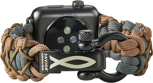 Savior Survival Gear Paracord Watch Band,Compatible with Apple Watch Band 49mm 46mm 45mm 44mm 42mm,iWatch Band Series Ultra 10 9 8 7 6 5 4 3 2 1 SE – Adjustable strap for men (Brown Gray-Khaki, Large)