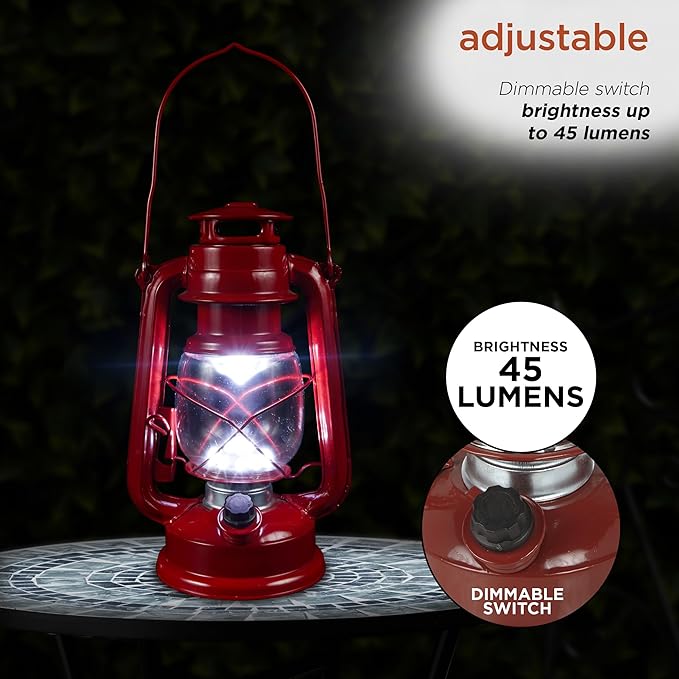 Alpine Corporation 10" H Indoor/Outdoor Metal and Glass Hurricane Lantern with Dimmable LED Lights, Red