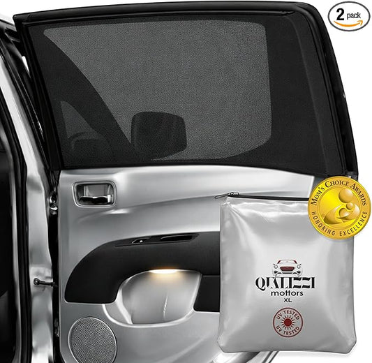 XL/Car Side Window Shades for Baby (9 Sizes/2 Pack). Full-Coverage No-Gaps Stretchy Mesh, Real Block of 96.25% UVA. Sun, Heat & Privacy Protection. Camping Bug Screen. Roll Down Windows | Qualizzi®