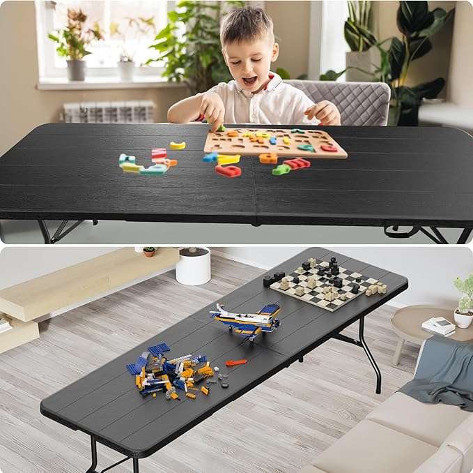 Bonnlo Folding Table 8ft, Portable Collapsible Plastic Black Long Tables for Party, Camping, Banquet, Craft, Dining, Wedding, Outdoor and Indoor Use