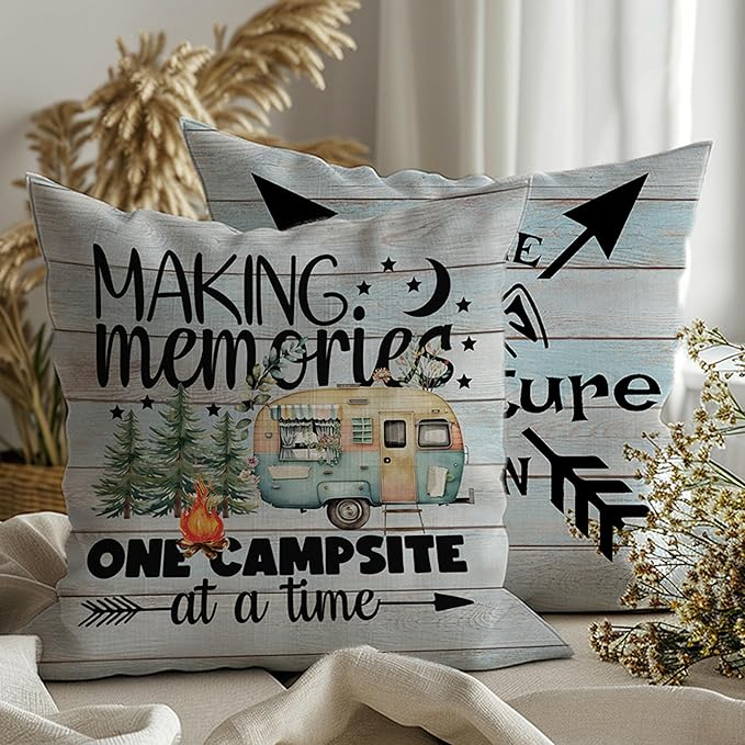 Happy Camper Throw Pillow Covers Set of 4 18" x 18" Vintage Rustic Wood Camper Quote Blue Square Throw Pillow Covers Home, Living Room, Bedroom, Home Staging, Outdoors