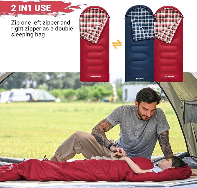 KingCamp 45°F Kids Sleeping Bag, Lightweight Waterproof & Compact Flannel Sleeping Bags Cold Weather & Warm Youth Essentials Gear Accessories for Camping, Fits 10-12 Children up to 4'7"-5'5" Tall