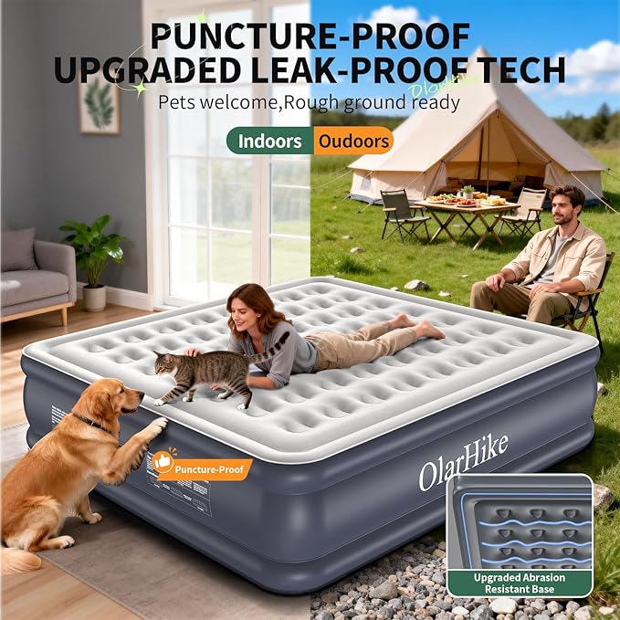OlarHike King Size Air Mattress with Built-in Pump, 18" Extra-Wide Raised Inflatable Air Bed for Home and Guests, Heavy-Duty Support for 2-4 Sleepers Up to 750 lbs
