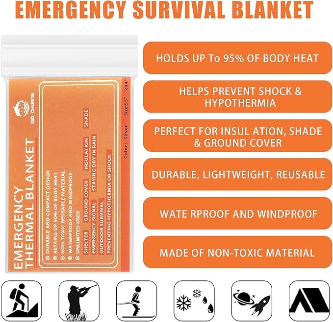 QIO CHUANG Emergency Mylar Thermal Blankets -Space Blanket Survival kit Camping Blanket (Pack of 6). Perfect for Outdoors, Hiking, Survival, Bug Out Bag ，Marathons or First Aid