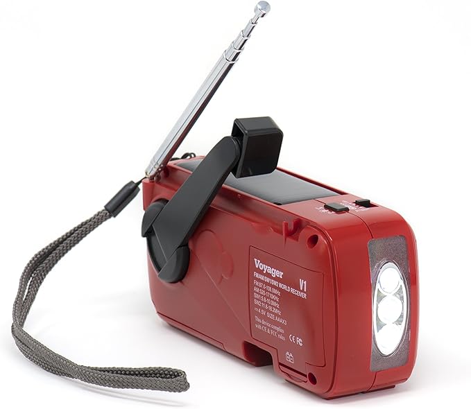 Kaito V1 Voyager Solar/Dynamo AM/FM/SW Emergency Radio with Cell Phone Charger and 3-LED Flashlight, Red