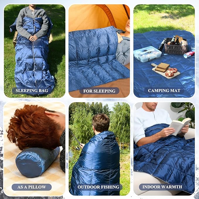 MOOX Down Camping Blanket - Packable Down Camping Quilt Backpacking Lightweight Waterproof Outdoor Hiking Stadium Warm Puffy Sleeping Bag 55"x79" Water Resistant Camp Travel Blanket, Blue Gray