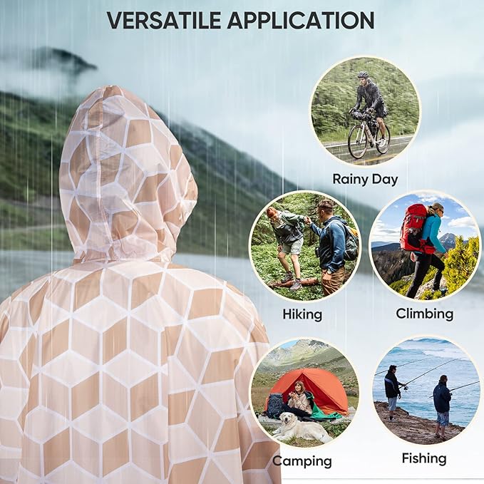 PTEROMY 3-in-1 Hooded Rain Poncho for Adult with Pocket, Waterproof Lightweight Unisex Raincoat for Hiking Camping Emergency