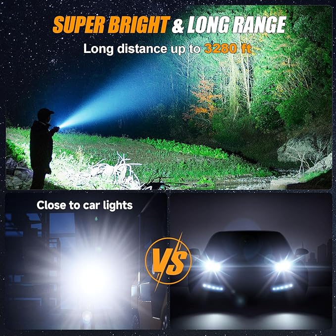 Esgofo Rechargeable Flashlights High Lumens 90,000 Long Range 3280FT, Super Bright Handheld Strong LED Flashlight Long Lasting 15H, Powerful Flash Light USB C, Zoomable 5 Modes, for Camping Hiking