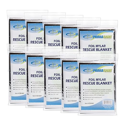 Primacare CB-6841-CS Emergency Foil Mylar Thermal Blanket, 84" Length x 52" Width (Pack of 10)