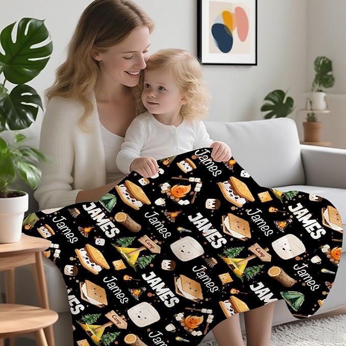 Custom Marshmallow Blanket with Name | Personalized Camping Blanket for Girls Boys | Ultra Soft Customized S'Mores Throw for Couch/Sofa/Travel/Camping Home Decor - 40"x50"-Kids/Throw Size
