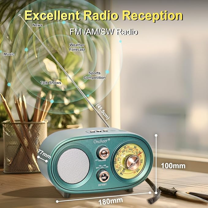 Oncheer Portable Retro Vintage Bluetooth Speaker Radio, FM/AM/SW 3 Band, Adjustable Antenna, Battery Powered, Support TF Card, USB Playing Music, Home Decor Gifts for Friends Family -Greencolor