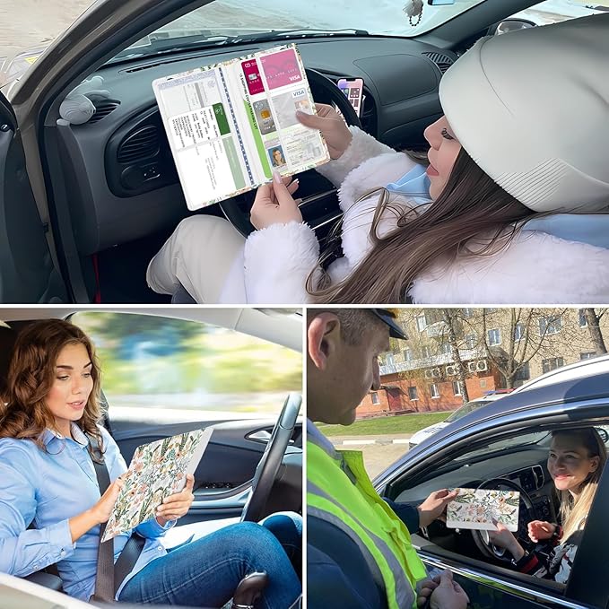 Car Registration and Insurance Holder, with Magnetic Closure for License, Cards and Documents, All Vehicle Needs and Car Accessories (Flower and Grass)