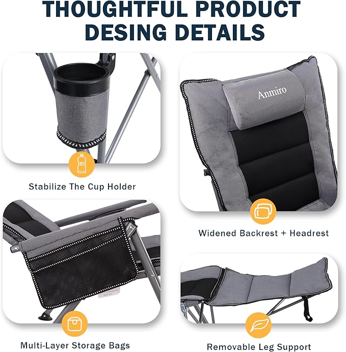 Folding Camping Chair for adults-3-in-1 Heavy Duty Foldable Camp Chair with Detachable Footstool, Padded Pillow, Cup Holder & Carry Bag,5-Speed Adjustable,400 LBS Capacity