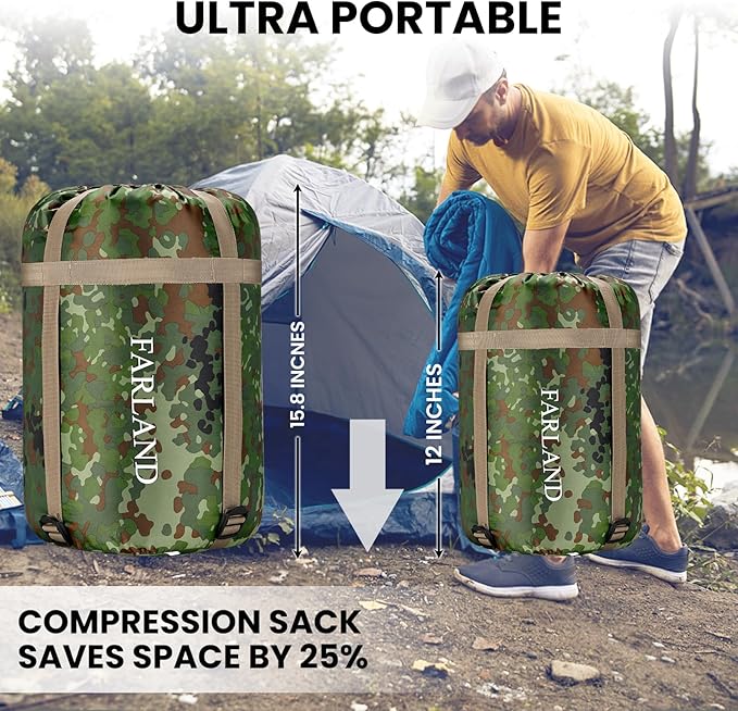 FARLAND Sleeping Bags for Adults Teens Kids with Compression Sack Portable and Lightweight for 3-4 Season Camping, Hiking,Waterproof, Backpacking and Outdoors