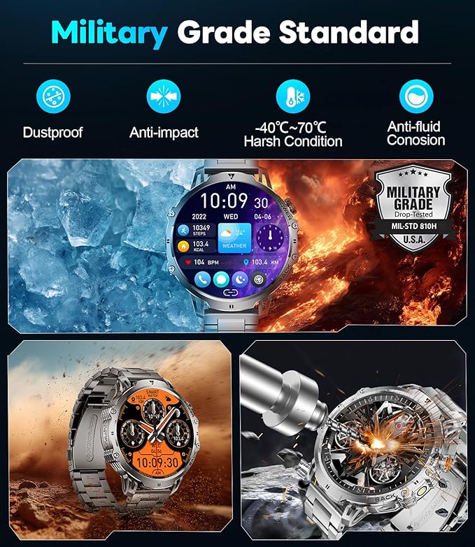 Military Smart Watch for Men, 1.85" HD Large Screen, Bluetooth Call/1000mAh/Flashlight/Heart Rate Sleep Monitor, 110+ Sports Modes Fitness Tracker Watch for Android iOS, Holiday, Black-Orange