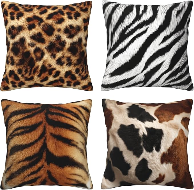 Animal Print Throw Pillow Covers 18 X 18 Inch Set of 4 Decorative Cushion Cover Home Decor for Sofa Chair Couch Bedroom Living Room
