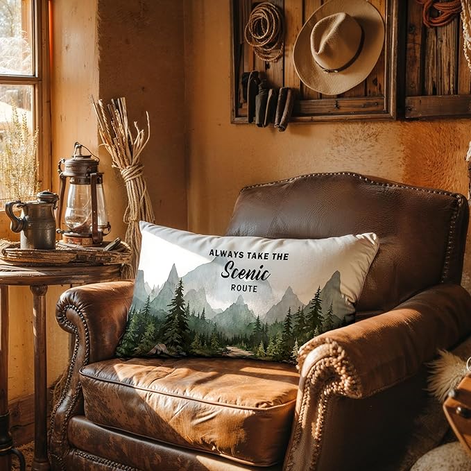 Camping Forest Mountain Pillow Cover 12x20, Take The Scenic Route Decorative Camping Pillow Case, Nature Camper RV Cushion Cover for Couch Sofa,Adventure Gifts for Camper Lovers