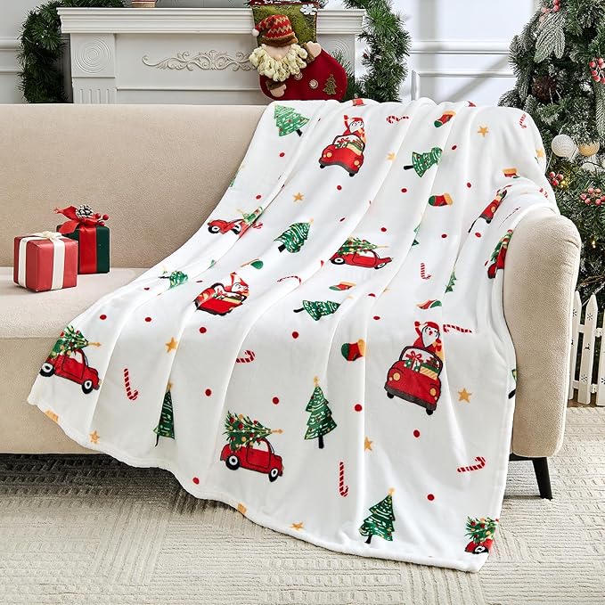 Edenleaf Christmas Blanket - White Holiday Throw with Santa Claus & Snowman - Warm Cozy Fleece Winter Blanket, 60x80 Inches，White
