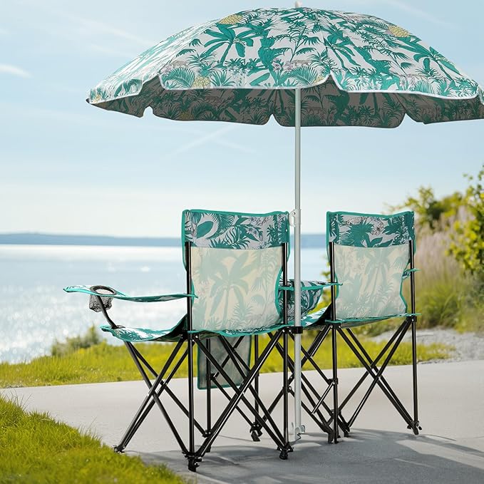 Outvita Folding Double Camping Chair w/Umbrella Beverage Holder Carrying Bag Cooler Fold Up Table, Large Bearing Capacity for Beach Patio Pool Park Outdoor Coconut Tree Pattern