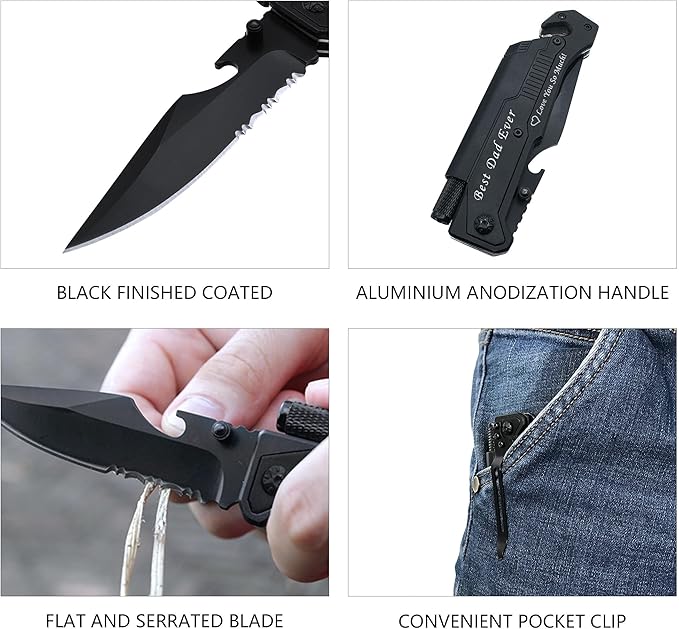 Mothers Day Fathers Day Gift - Personalized Custom Engraving Gifts for Him Her, 6-in-1 Multifunctional Folding Pocket Knives with LED Light, Seatbelt Cutter, Glass Breaker, Magnesium Fire Starter, Bottle Opener