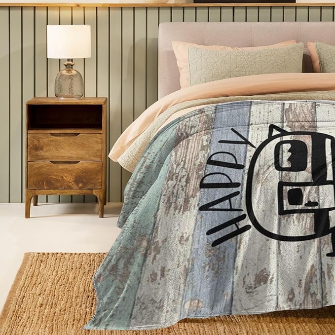 Syhonic Travelling Camping Blanket for Happy Camper Throw Blanket for Sofa Couch, Vintage Camping Theme Flannel Blanket for RV Farmhouse Living Room Bedroom Decor 50"x40"