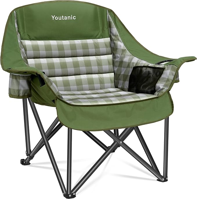 Youtanic Padded Camping Chairs for Adults, Heavy Duty 400 lbs Foldable Lawn Chair, Oversized Ergonomic Outdoor Seat with Classic Plaid Design, Cup Holders & Storage Pockets for Fishing, Sports, Green