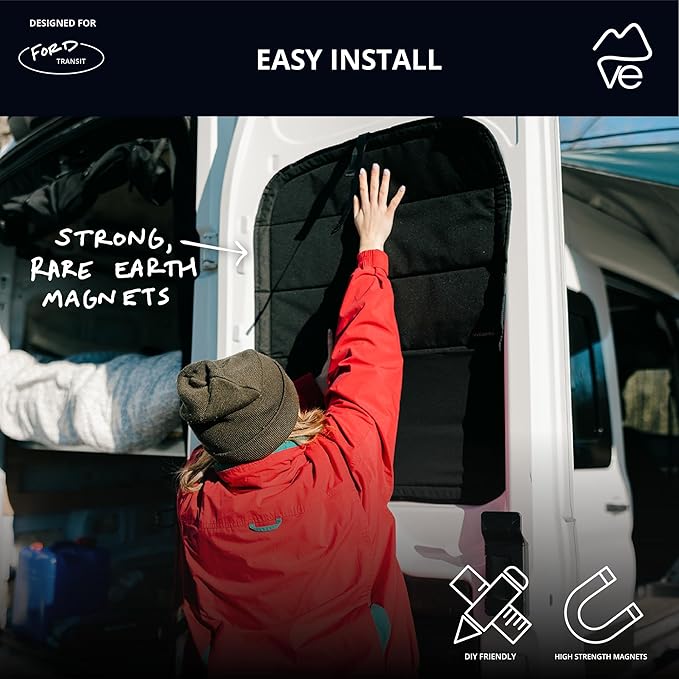 VanEssential Insulated Stealth Blackout Window Covers Designed for Ford Transit High/Medium Roof Rear Door Windows (Pair) - Black