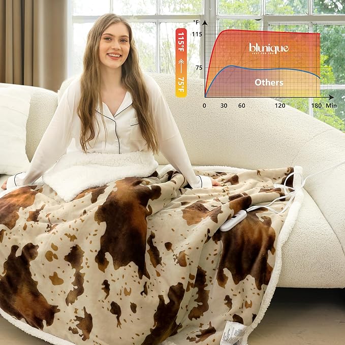 Heated Blanket Throw Blanket - Fast Heating Electric Blanket, Soft Flannel Heated Throw with 4 Time Settings,10 Heating Settings, Warm Gifts for Women & Mom&Grandma(50"x60"Cow Print Apricot)