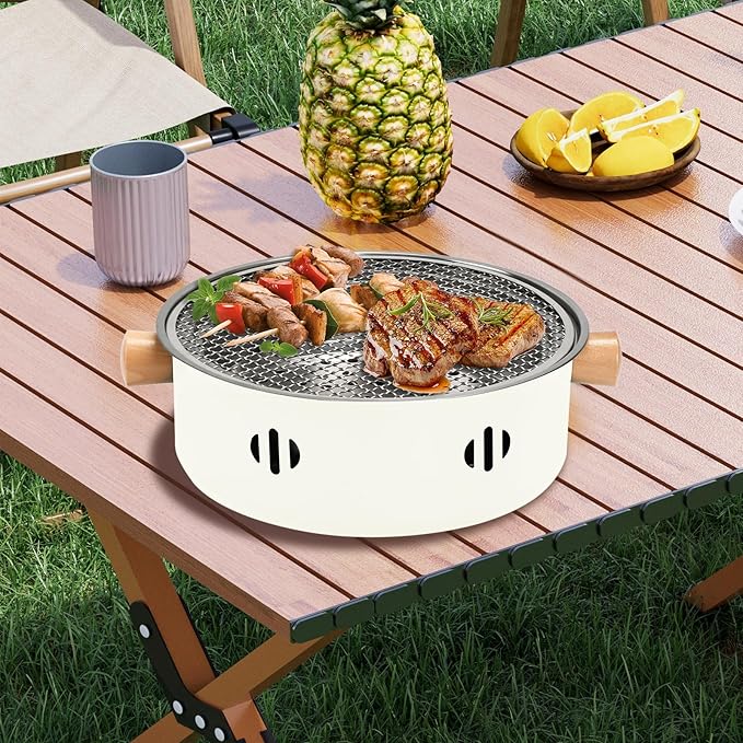 Portable Charcoal Barbecue Grill, 1pc Mini BBQ Grill Multifunctional Charcoal Grill Round Tabletop Charcoal Grill for Outdoor Cooking Home Party Picnic Camping (Beige)