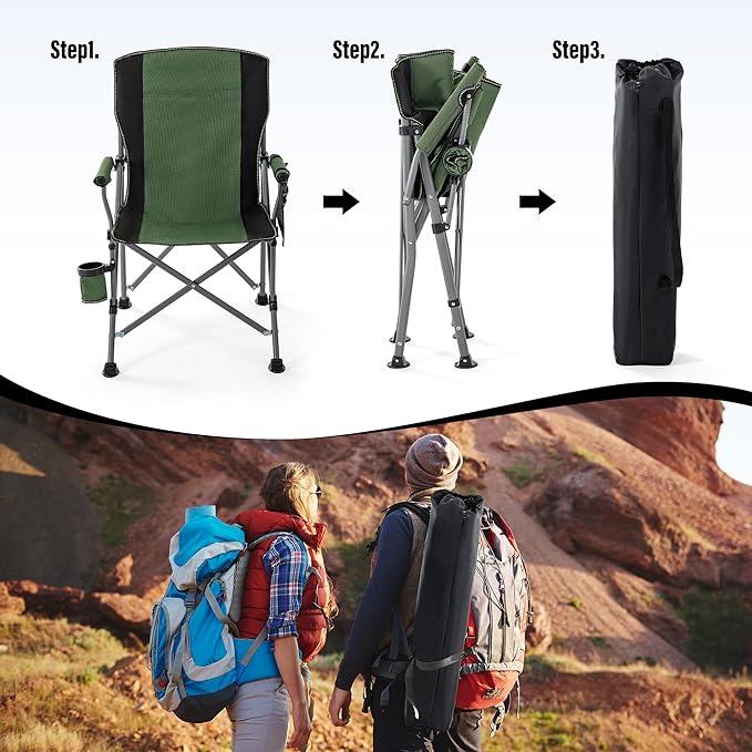 Lamberia Camping Chair for Adults, Heavy Duty 330lbs Capacity Folding Chairs for Outdoor, 600D Oxford Mesh High Back Camping Chairs with Arm Rest Cup Holder and Portable Carrying Bag(Green)