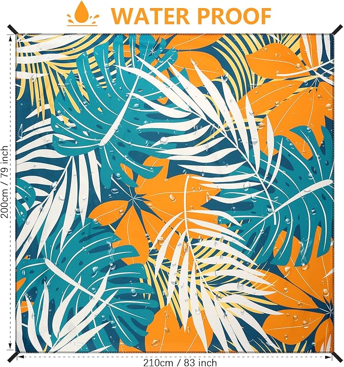HIHOHO Beach Blanket Waterproof Sandproof Beach Mat for 1-8 Adults Quick Drying Durable Outdoor Picnic Mat for Beach Festival Travel Camping Hiking (BK&GN&O-Palm, 79"×83"(4 Person))