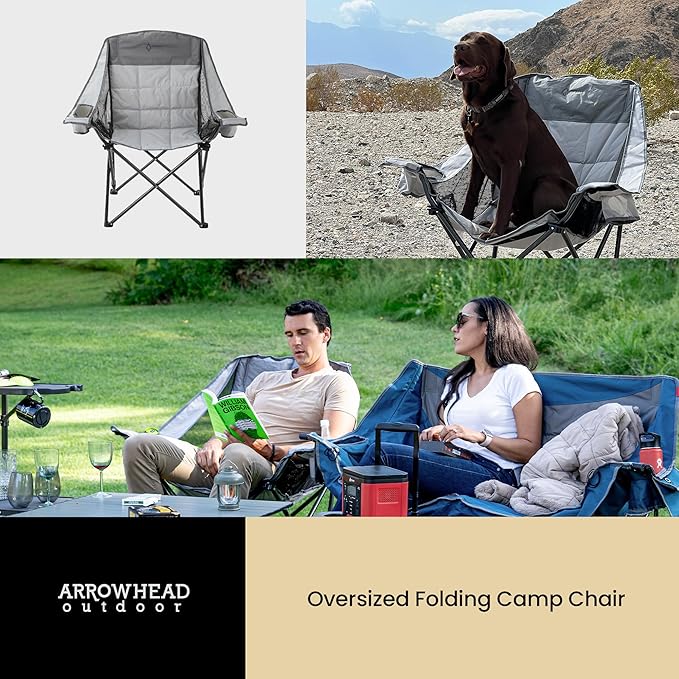 ARROWHEAD OUTDOOR 2-Pack Oversized Folding Camp Chair w/Adjustable Double Sized Cup Holder, Mesh Sides, Inner Pockets, Carry Bag, 300 LBS Weight Capacity