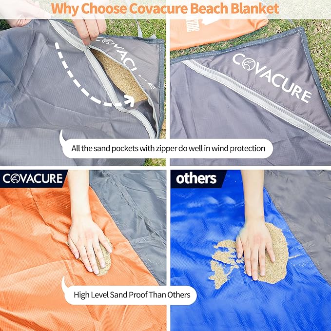 covacure Extra Large Beach Blanket Sandproof Waterproof - 108"x85" for 7-8 Adults, Oversized Beach Mat with Zipper Pockets, Lightweight Outdoor Accessories for Camping, Travel (Orange-M, 108"x85.2")