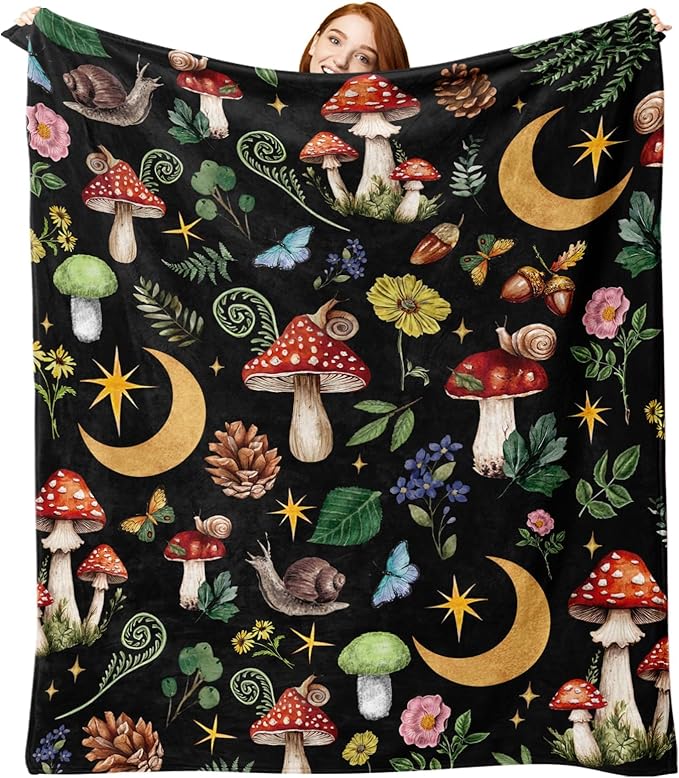Mystical Forest Mushroom Flannel Throw Blanket, Fairy Tale Cottagecore Moon Star Birthday Gifts for Men Women Adults Teen Kids, Witchy Boho Botanical Soft Blankets for Bedding Sofa 60" x 80"