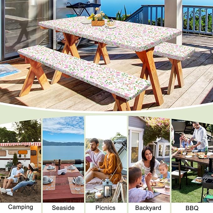 Picnic Table Cover with Bench Covers Portable Table Cloth Built-in Storage Pocket Fitted Tablecloth with Elastic Edges Waterproof Camping Essentials for Indoor Outdoor Rv,72in,Pink