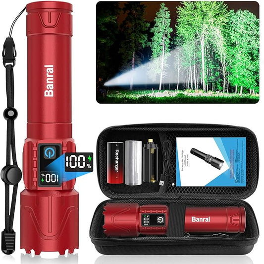 Rechargeable Tactical Flashlights 2000 High Lumens - 5000mAh Super Bright LED Powerful Flash Light, Waterproof Handheld USB C Flashlight for Home,Car,Camping,Emergencies,5 Modes,Zoomable (1, Red)